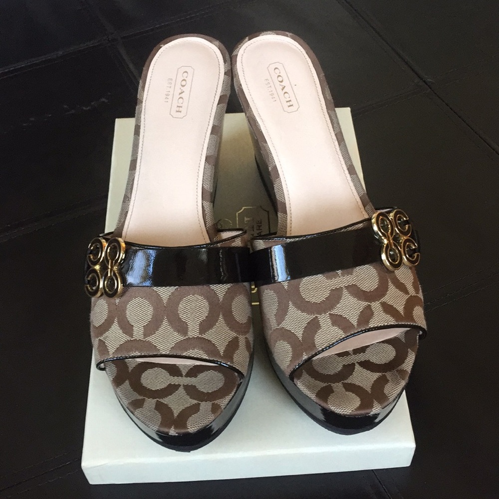 Coach Signature Brown Wedge Sandals